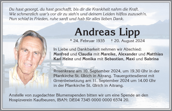 Traueranzeige von Andreas Lipp von Allgäuer Zeitung, Marktoberdorf