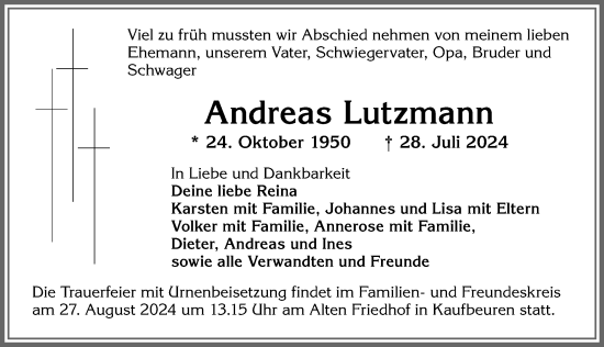 Traueranzeige von Andreas Lutzmann von Allgäuer Zeitung, Kaufbeuren/Buchloe