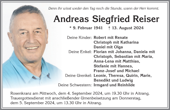Traueranzeige von Andreas Siegfried Reiser von Allgäuer Zeitung, Marktoberdorf
