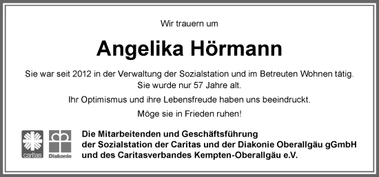 Traueranzeige von Angelika Hörmann von Allgäuer Anzeigeblatt
