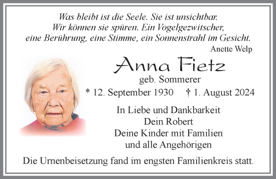 Traueranzeige von Anna Fietz von Allgäuer Zeitung, Marktoberdorf