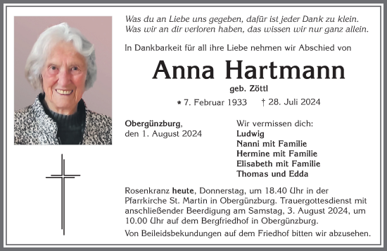 Traueranzeige von Anna Hartmann von Allgäuer Zeitung, Marktoberdorf