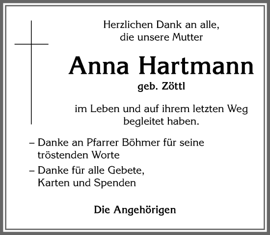 Traueranzeige von Anna Hartmann von Allgäuer Zeitung, Marktoberdorf
