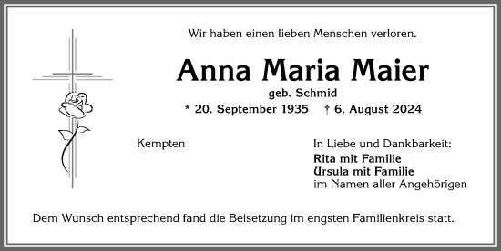 Traueranzeige von Anna Maria Maier von Allgäuer Zeitung,Kempten