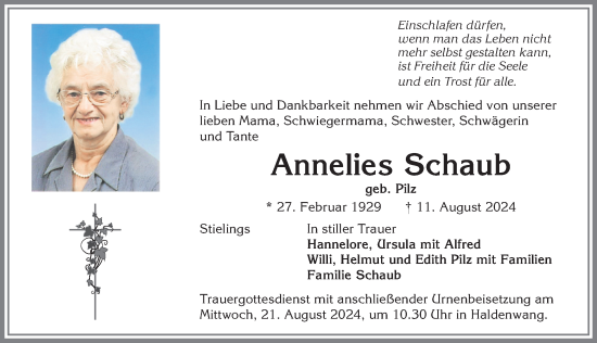 Traueranzeige von Annelies Schaub von Allgäuer Zeitung,Kempten