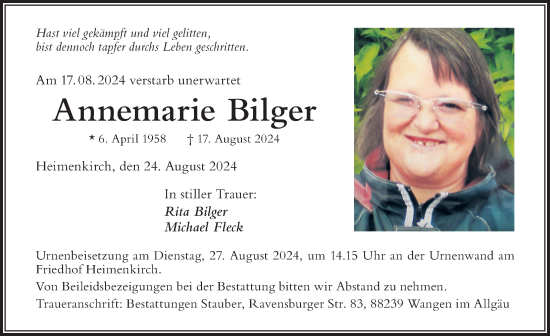 Traueranzeige von Annemarie Bilger von Der Westallgäuer