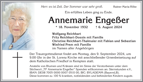 Traueranzeige von Annemarie Engeßer von Allgäuer Zeitung,Kempten