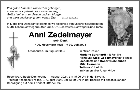 Traueranzeige von Anni Zedelmayer von Memminger Zeitung