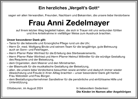 Traueranzeige von Anni Zedelmayer von Memminger Zeitung