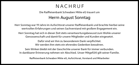 Traueranzeige von August Sonntag von Memminger Zeitung
