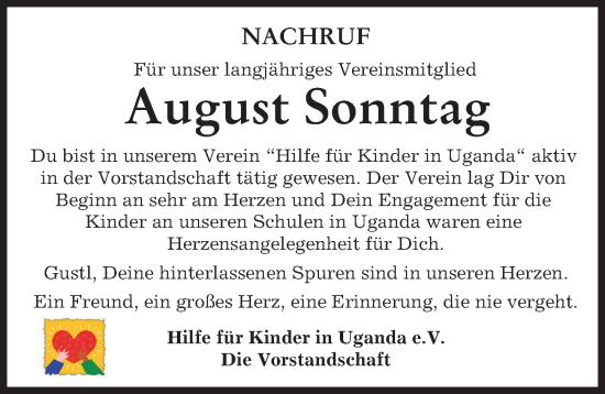 Traueranzeige von August Sonntag von Memminger Zeitung