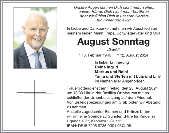 Traueranzeige von August Sonntag von Memminger Zeitung