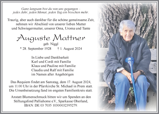 Traueranzeige von Auguste Mattner von Allgäuer Zeitung, Füssen