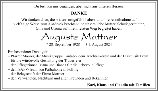 Traueranzeige von Auguste Mattner von Allgäuer Zeitung, Füssen