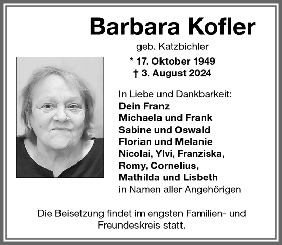Traueranzeige von Barbara Kofler von Memminger Zeitung