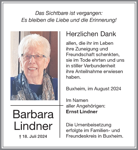 Traueranzeige von Barbara Lindner von Memminger Zeitung