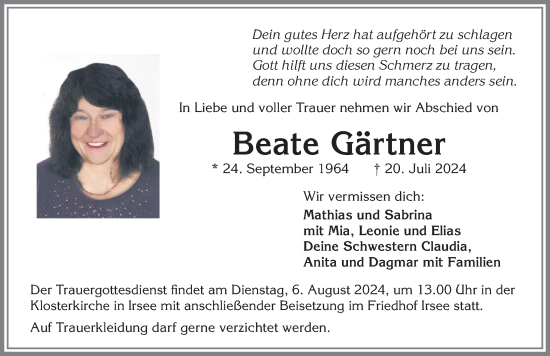 Traueranzeige von Beate Gärtner von Allgäuer Zeitung, Kaufbeuren/Buchloe