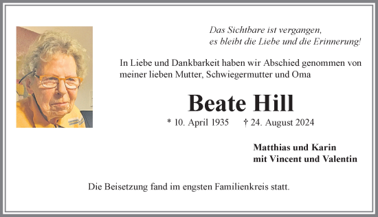 Traueranzeige von Beate Hill von Allgäuer Anzeigeblatt