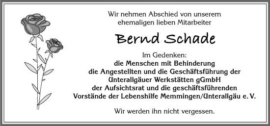 Traueranzeige von Bernd Schade von Memminger Zeitung