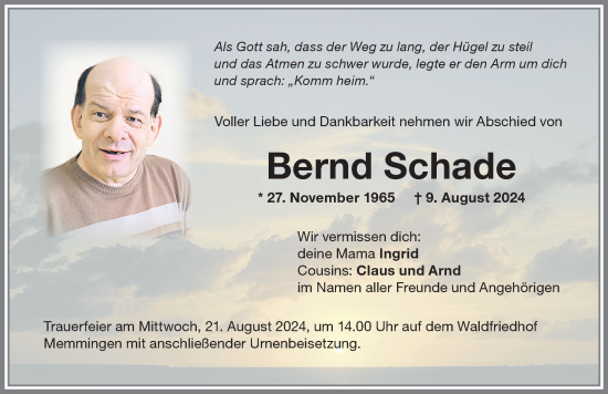 Traueranzeige von Bernd Schade von Memminger Zeitung