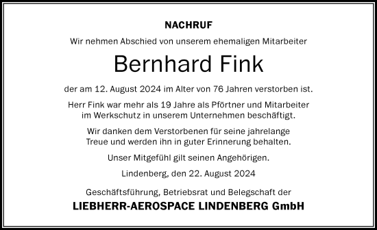 Traueranzeige von Bernhard Fink von Der Westallgäuer