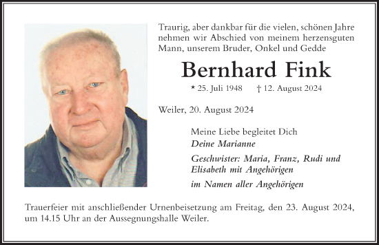 Traueranzeige von Bernhard Fink von Der Westallgäuer