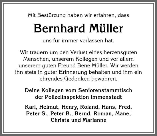 Traueranzeige von Bernhard Müller von Allgäuer Anzeigeblatt
