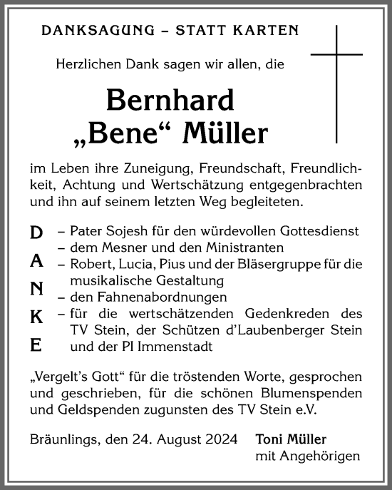 Traueranzeige von Bernhard Müller von Allgäuer Anzeigeblatt