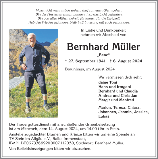 Traueranzeige von Bernhard Müller von Allgäuer Anzeigeblatt