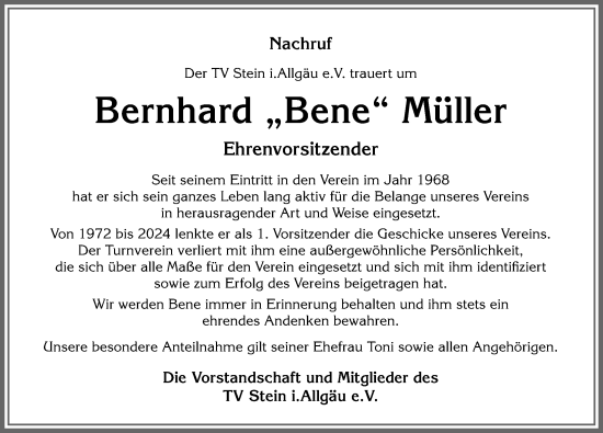 Traueranzeige von Bernhard Müller von Allgäuer Anzeigeblatt