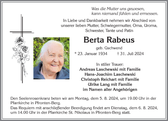Traueranzeige von Berta Rabeus von Allgäuer Zeitung, Füssen