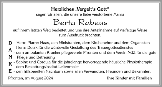 Traueranzeige von Berta Rabeus von Allgäuer Zeitung, Füssen