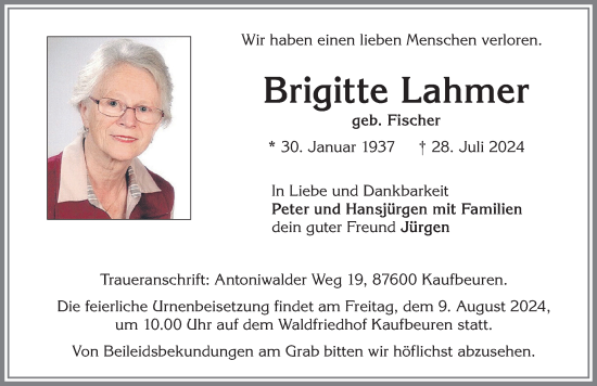 Traueranzeige von Brigitte Lahmer von Allgäuer Zeitung, Kaufbeuren/Buchloe