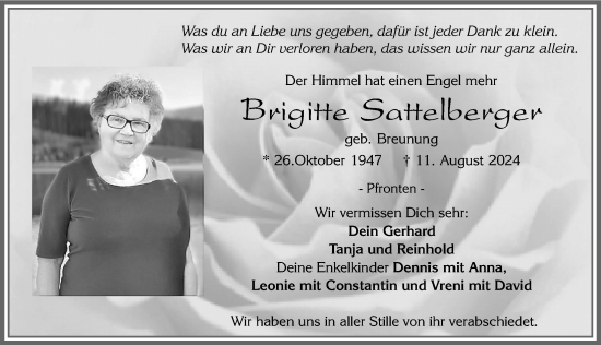 Traueranzeige von Brigitte Sattelberger von Allgäuer Zeitung, Füssen
