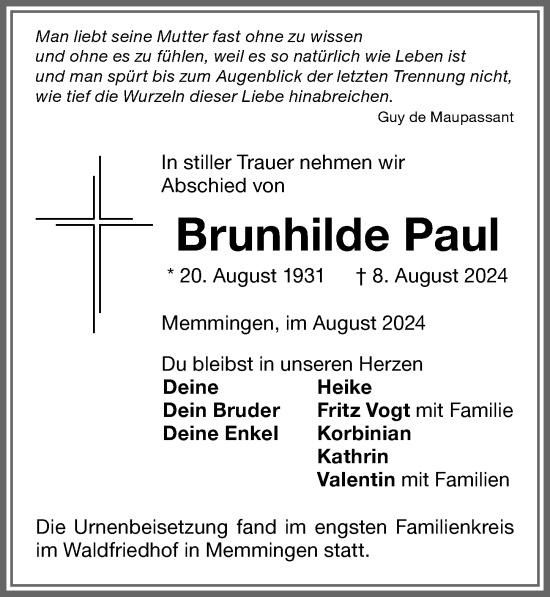 Traueranzeige von Brunhilde Paul von Memminger Zeitung