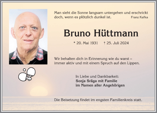 Traueranzeige von Bruno Hüttmann von Allgäuer Zeitung, Kaufbeuren/Buchloe