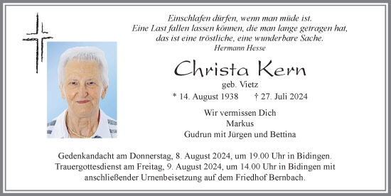 Traueranzeige von Christa Kern von Allgäuer Zeitung, Marktoberdorf
