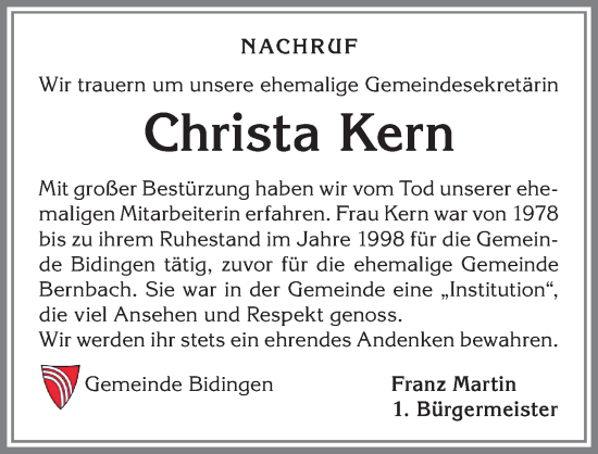 Traueranzeige von Christa Kern von Allgäuer Zeitung, Marktoberdorf