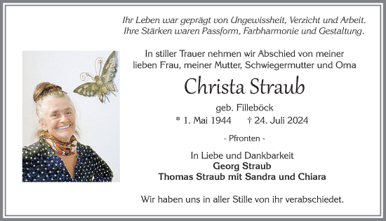Traueranzeige von Christa Straub von Allgäuer Zeitung, Füssen