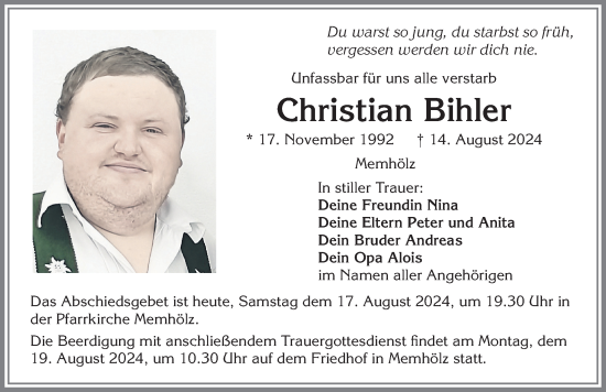 Traueranzeige von Christian Bihler von Allgäuer Zeitung,Kempten