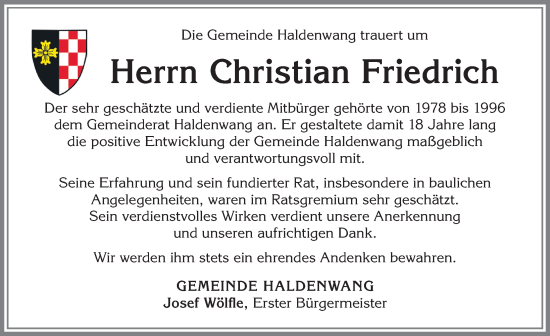 Traueranzeige von Christian Friedrich von Allgäuer Zeitung,Kempten