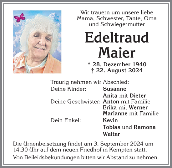 Traueranzeige von Edeltraud Maier von Allgäuer Zeitung,Kempten