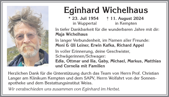 Traueranzeige von Eginhard Wichelhaus von Allgäuer Zeitung,Kempten