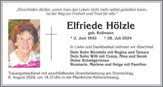 Traueranzeige von Elfriede Hölzle von Allgäuer Zeitung, Kaufbeuren/Buchloe