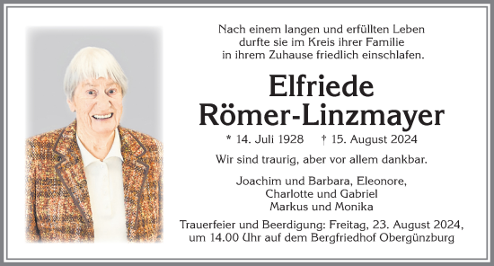 Traueranzeige von Elfriede Römer-Linzmayer von Allgäuer Zeitung, Marktoberdorf