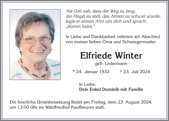 Traueranzeige von Elfriede Winter von Allgäuer Zeitung, Kaufbeuren/Buchloe