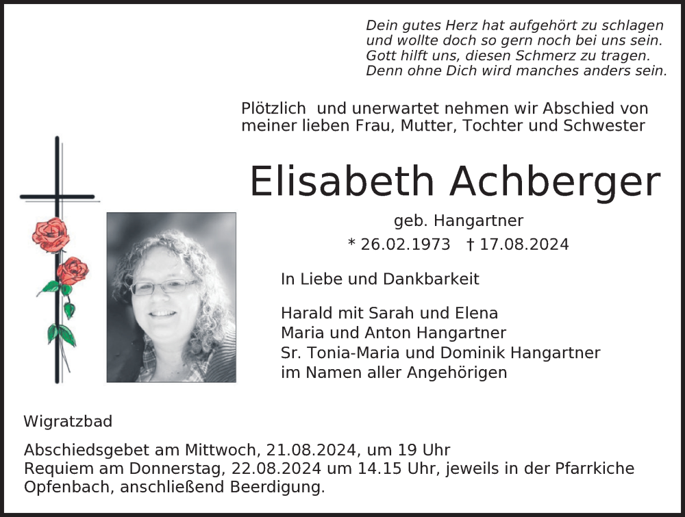  Traueranzeige für Elisabeth Achberger vom 20.08.2024 aus Der Westallgäuer
