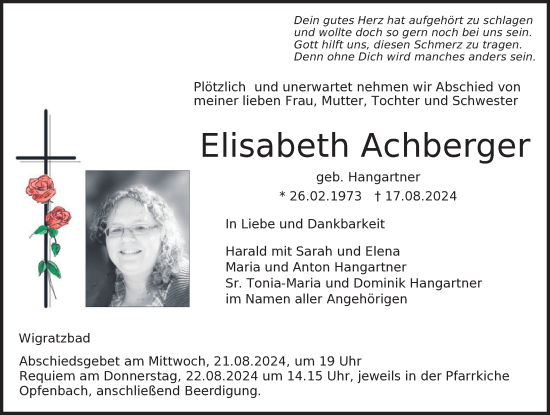Traueranzeige von Elisabeth Achberger von Der Westallgäuer