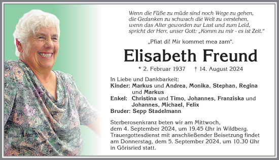 Traueranzeige von Elisabeth Freund von Allgäuer Zeitung, Marktoberdorf