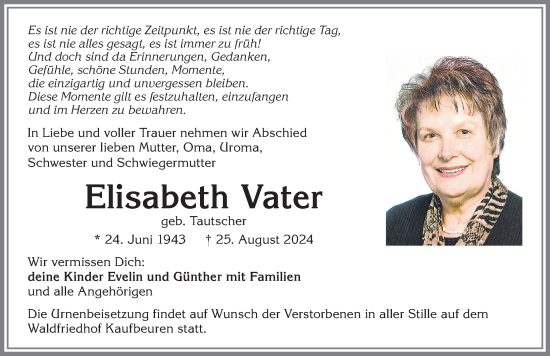 Traueranzeige von Elisabeth Vater von Allgäuer Zeitung, Kaufbeuren/Buchloe